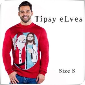 TIPSY Elves Santa with Jesus Egg Nog Christmas Ugly Sweater in Red